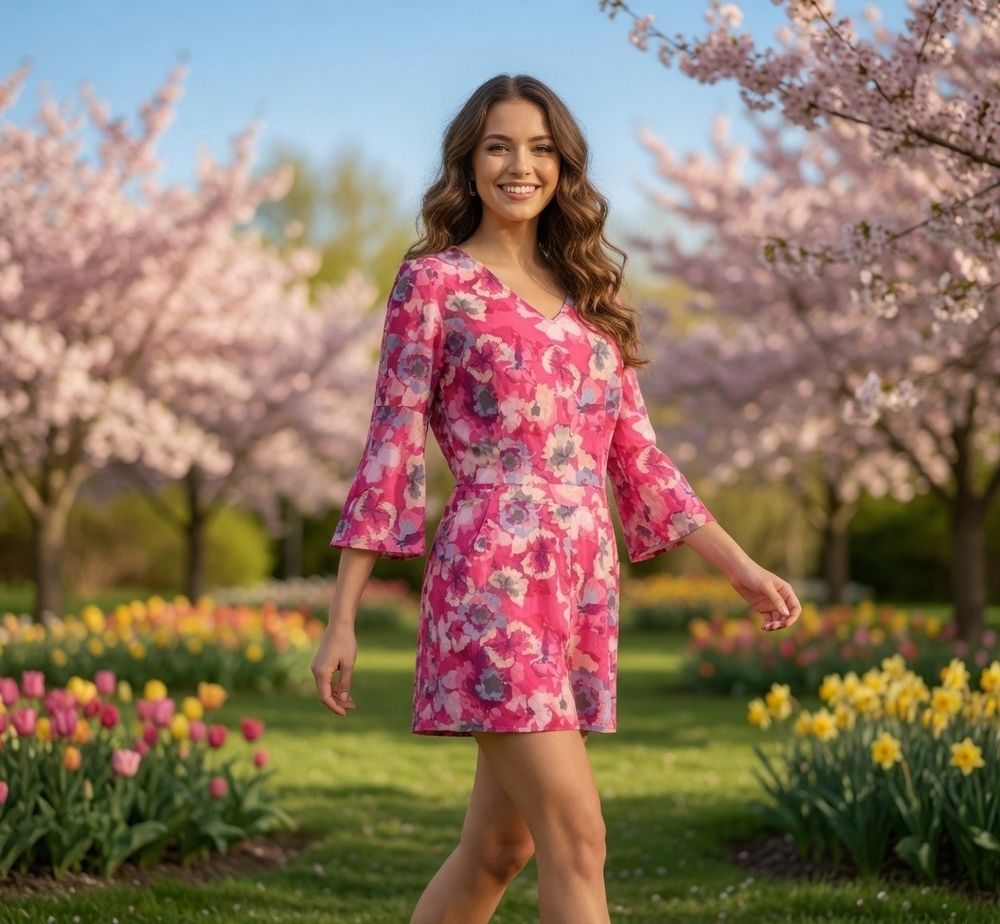 DALIA Womens Romper 6 Pink Floral Bell Sleeve V Neck Multicolor Pockets VG